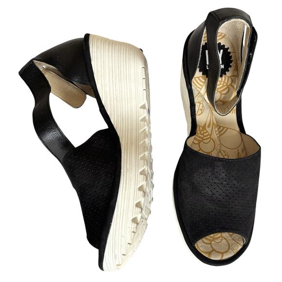 FLY London Yake Perforated Leather Wedge Sandals Black‎ Nubuck Sz 40 White Sole - Picture 3 of 16